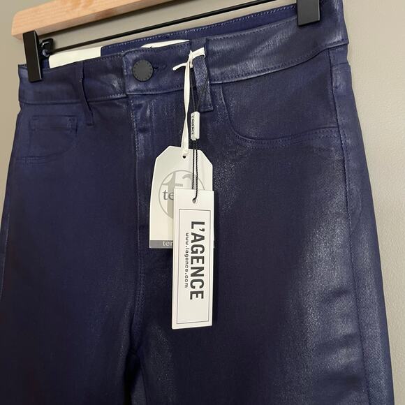 NWT L'Agence Marty Coated Flare Jeans Midnight Navy Blue High Waisted Chic Sexy - Picture 9 of 13